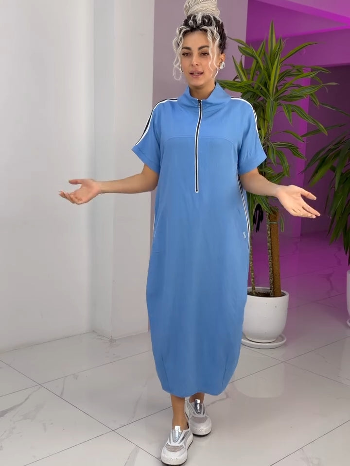 Gavrixa - Women's long zipped high-neck dress, fluid cut, sporty chic style, comfortable