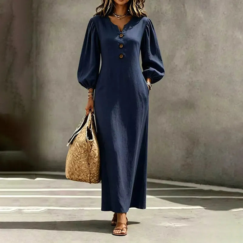 Réjane - Robe maxi femme à col V et manches bouffantes