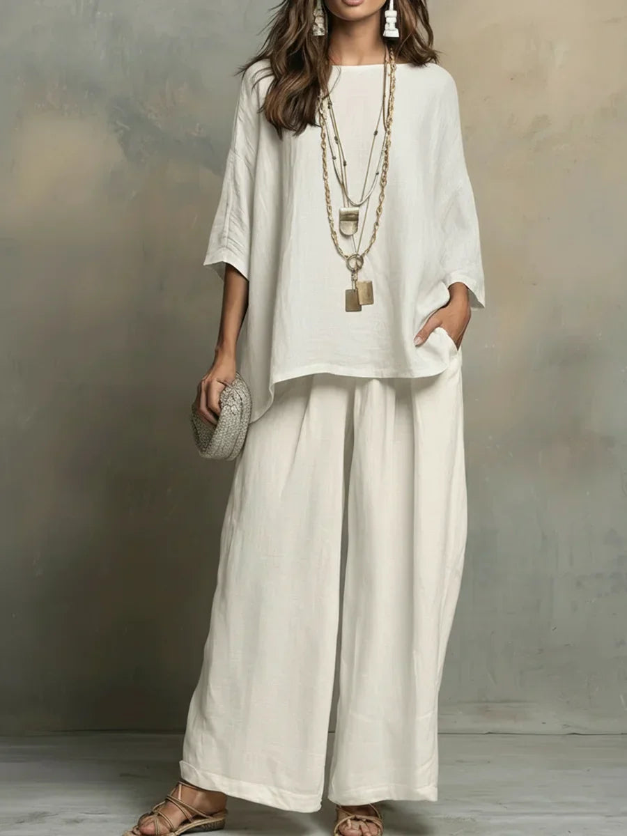 Tyvella - Women's Two-Piece Linen Outfit Loose Fit Wide Leg Pants