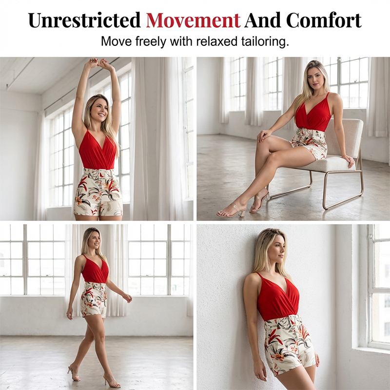 Talyndra - Elegant Tropical Set with High-Waisted Shorts and V-Neck