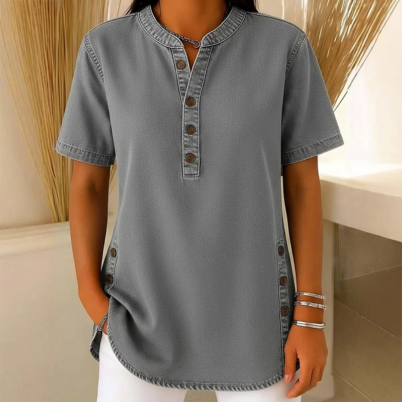 Kynessa - Women's Lightweight Denim Tunic with Short Sleeves and V-Neck