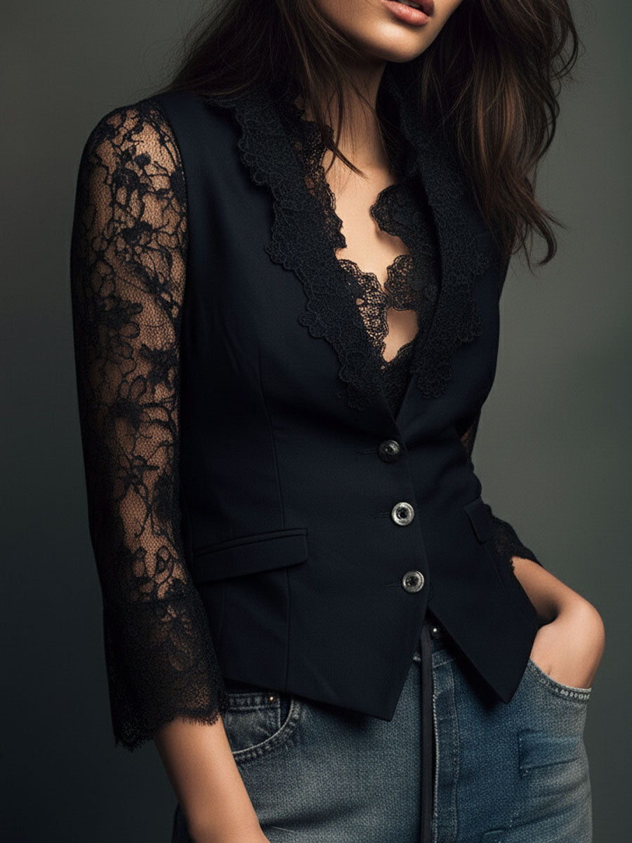 Bruxelle - Women's Elegant Lace Blouse with Transparent Sleeves