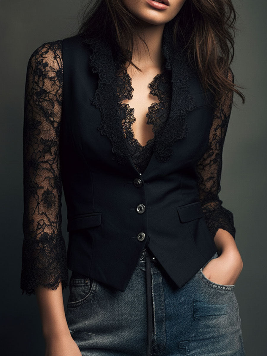 Bruxelle - Women's Elegant Lace Blouse with Transparent Sleeves