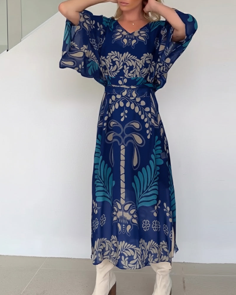 Praxellea - Women's Boho Maxi Dress Loose V-Neck Elegant Leaf Print