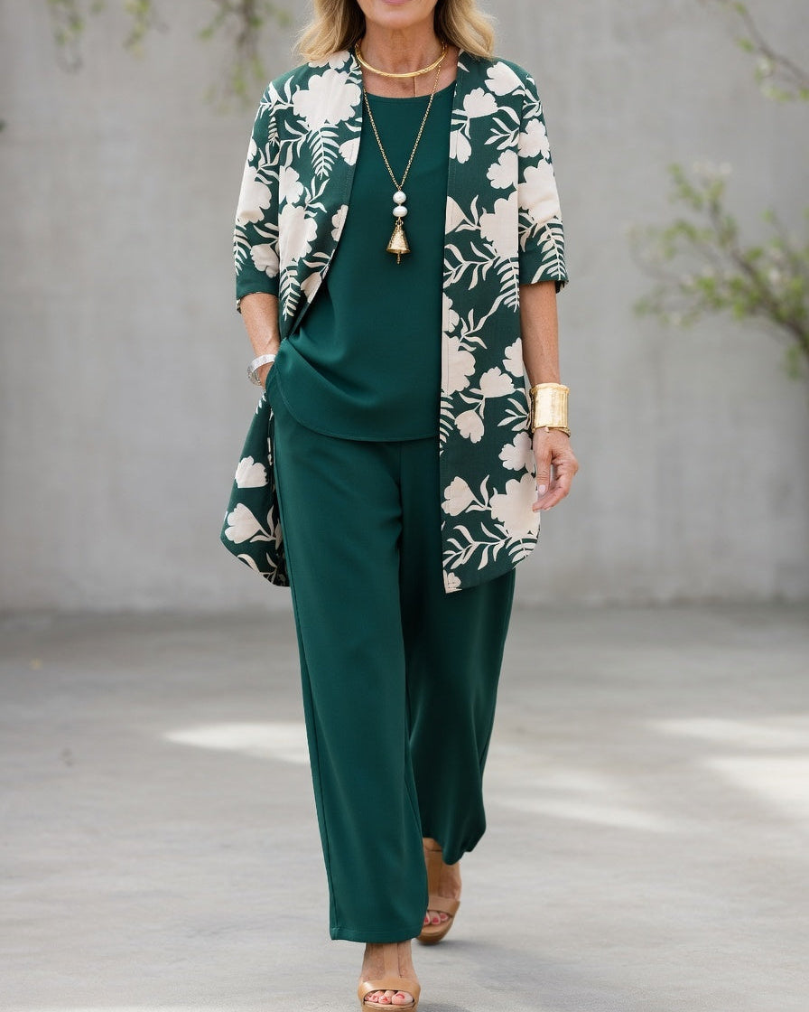 Sabrina - Elegant Three-Piece Women's Outfit: Flowy Cardigan, Top, and Wide-Leg Pants
