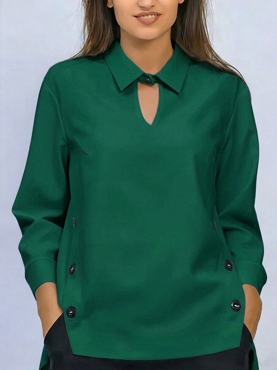 Pryxa - Women's Shirt Classic Collar Elegant Opening Long Sleeves Minimalist
