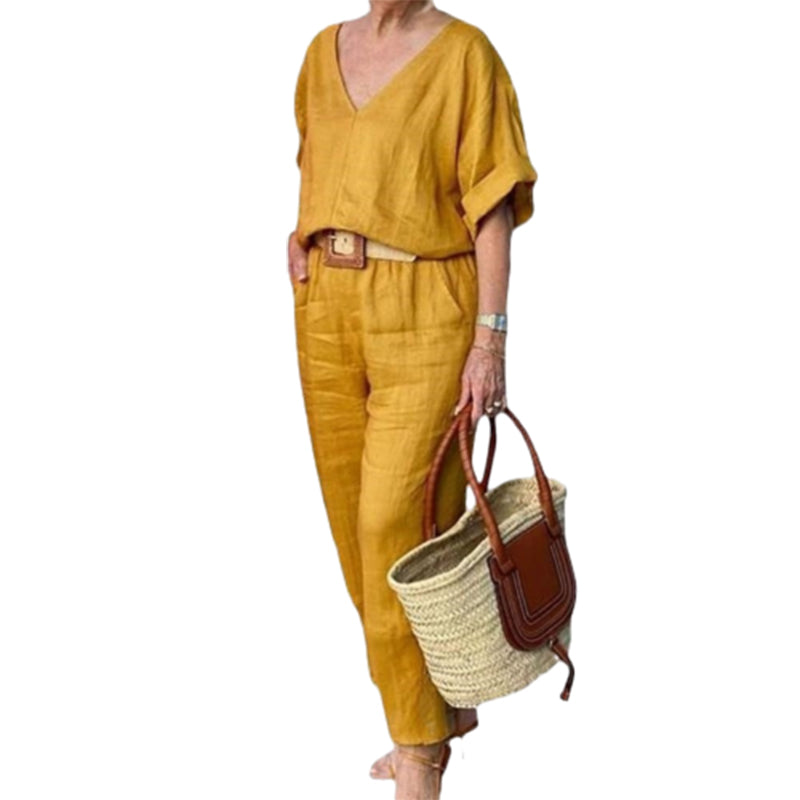 Loxaria - Women's V-neck Top and Pocket Trousers Casual Set