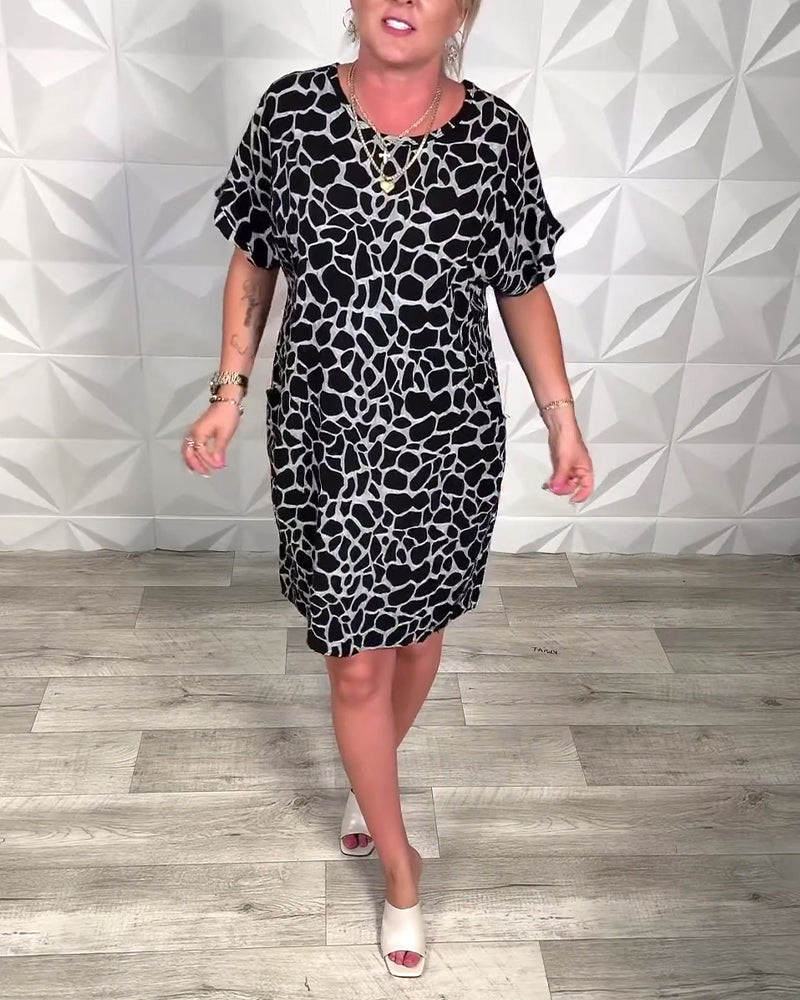Jynorix - Women's Casual Printed Round Neck Straight Dress