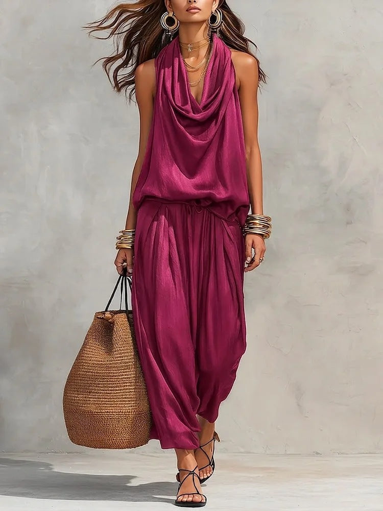 Qyraxa - Elegant two-piece flowing polyester women's set for summer evenings