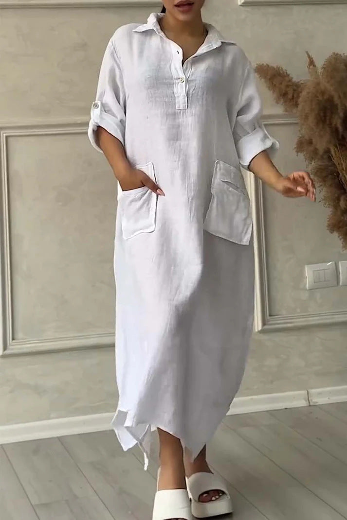 Leontine - Women's maxi dress in linen and cotton with lapels