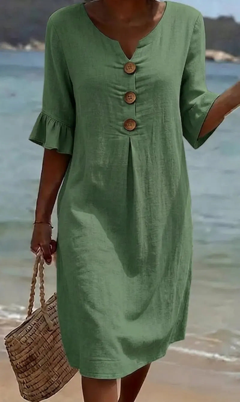 Beatrix - Women's Cotton Linen Dress Flowy Cut Buttons Flared Sleeves Elegant