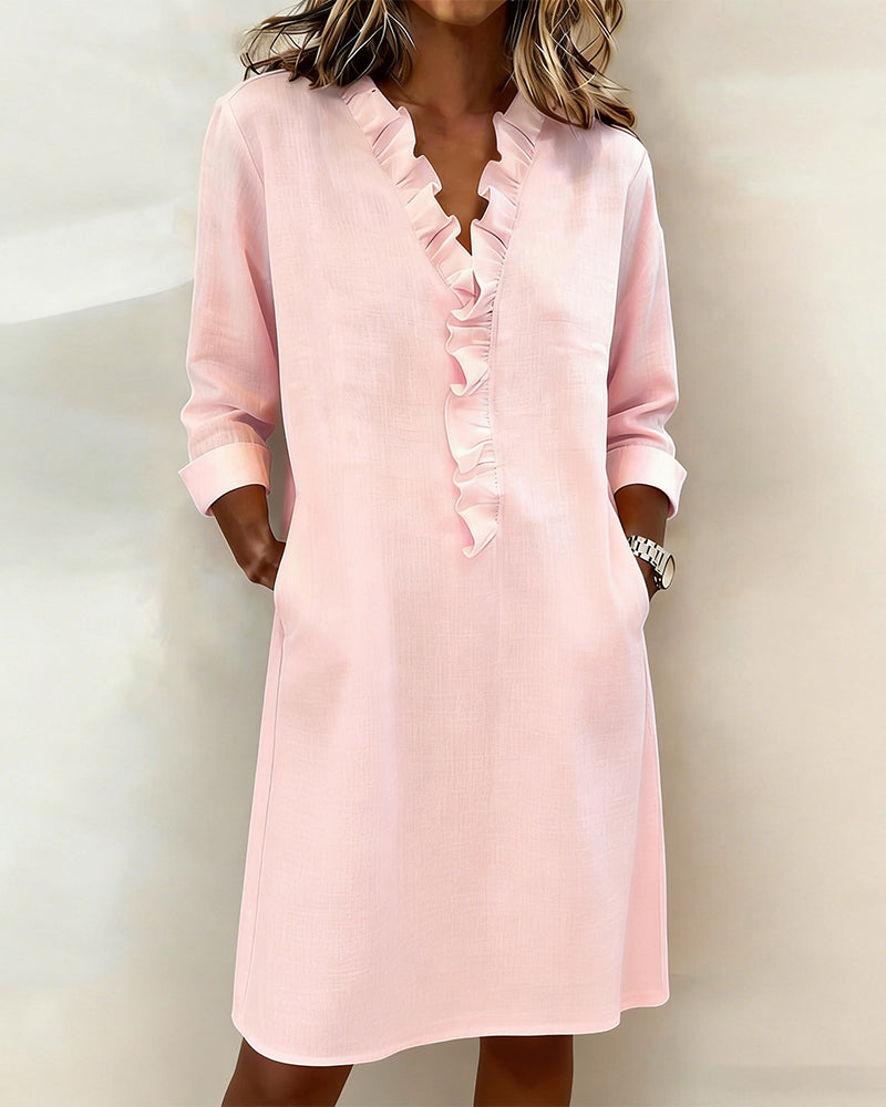 Ophivyn - Women's V-neck ruffle straight cut casual dress