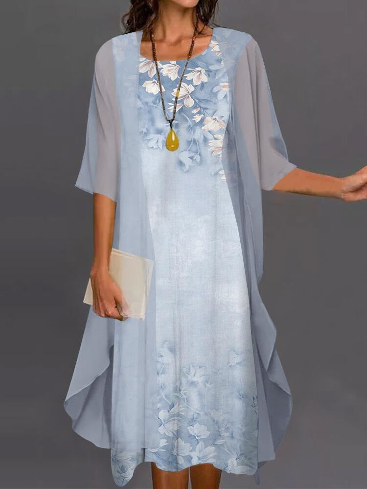 Nesoria - Women's Two-Piece Floral Print Elegant Dress Set