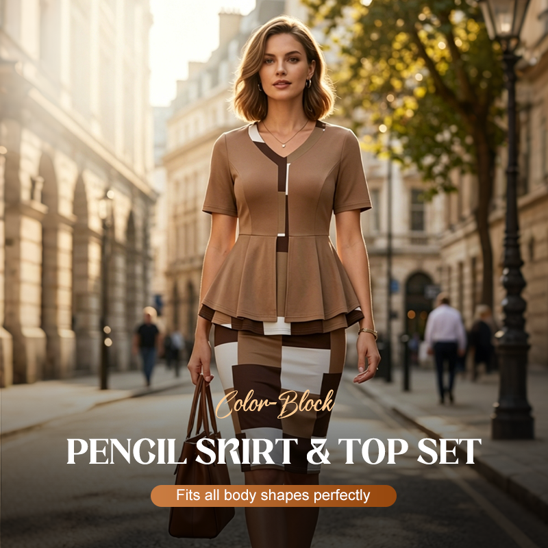 Rovalyth - Elegant color block set with pencil skirt and refined top