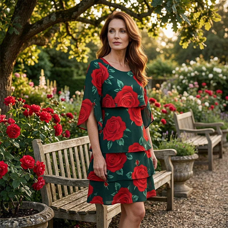 Qyvelle - Women's Floral Print Dress Loose Fit Flowy Sleeves Elegant Style