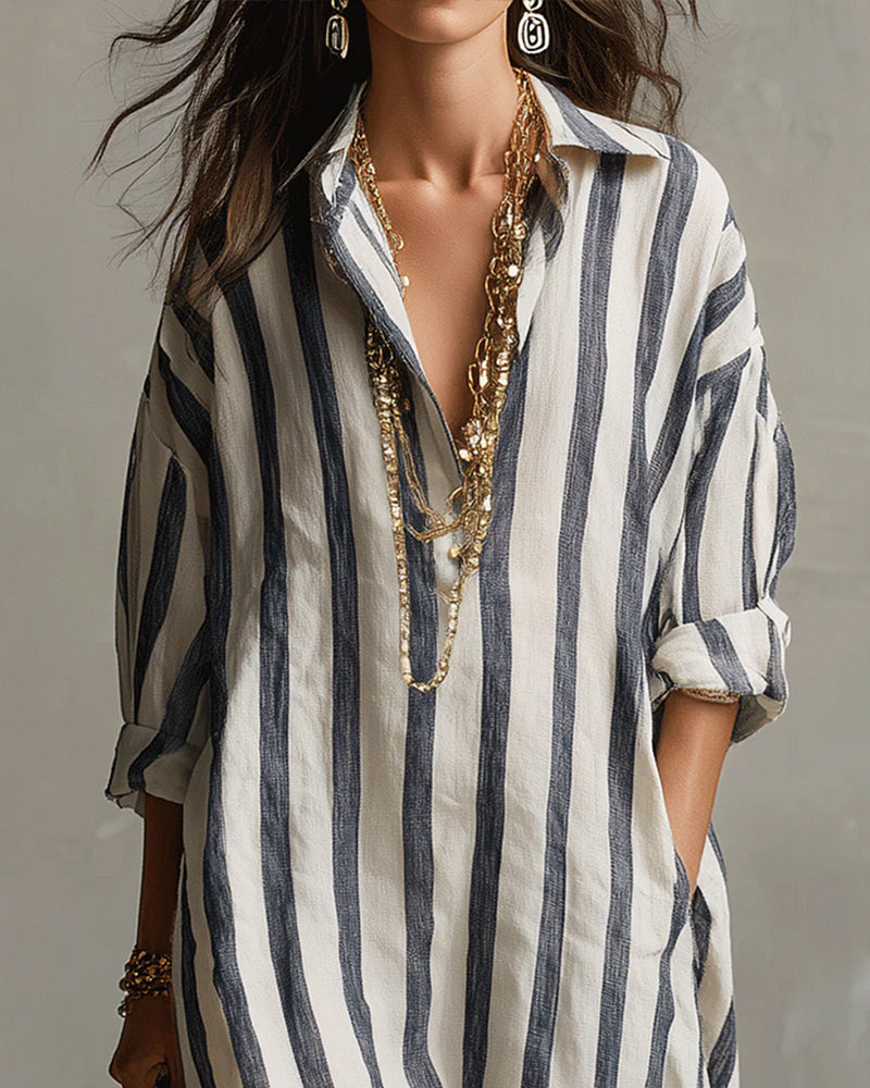 Avenira - Casual Chic Striped Maxi Dress with Notched Collar