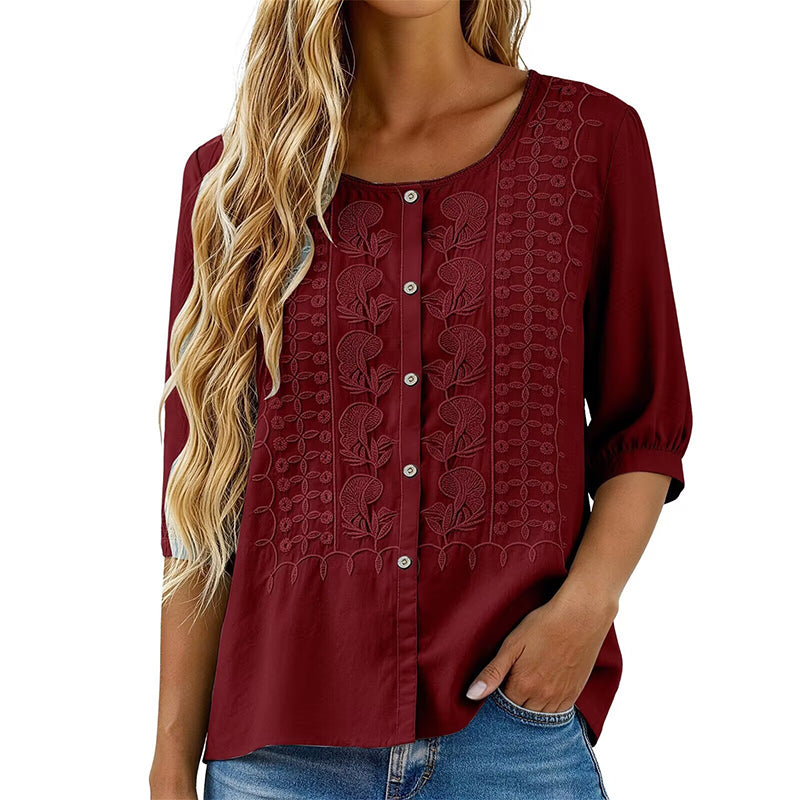 Sorivelle - Women's 3/4-Sleeve Cotton and Linen Embroidered Blouse