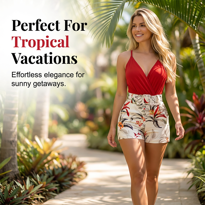 Talyndra - Elegant Tropical Set with High-Waisted Shorts and V-Neck