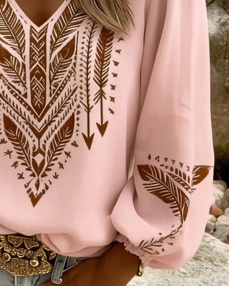 Ixavelle - Women's bohemian printed blouse with V-neck and puffed sleeves