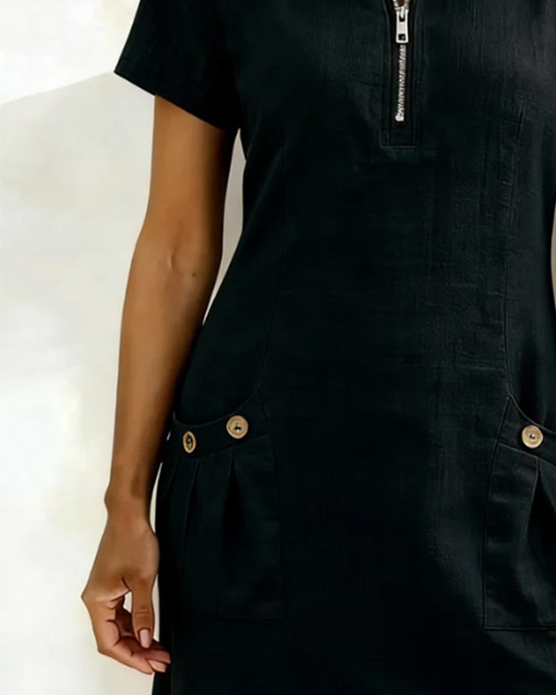 Kovira - Cotton Linen Short Dress with Zipper and Pockets