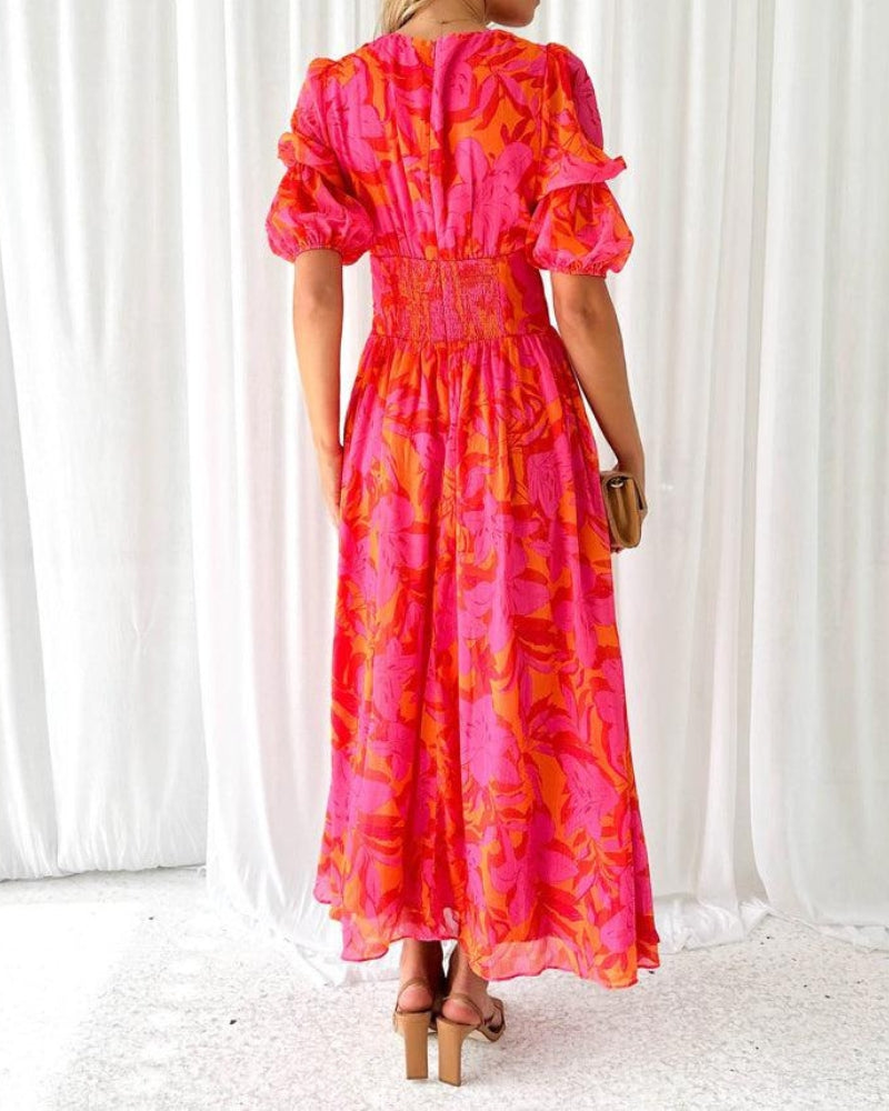 Izzora - Women's elegant long flowing printed V-neck short-sleeve dress