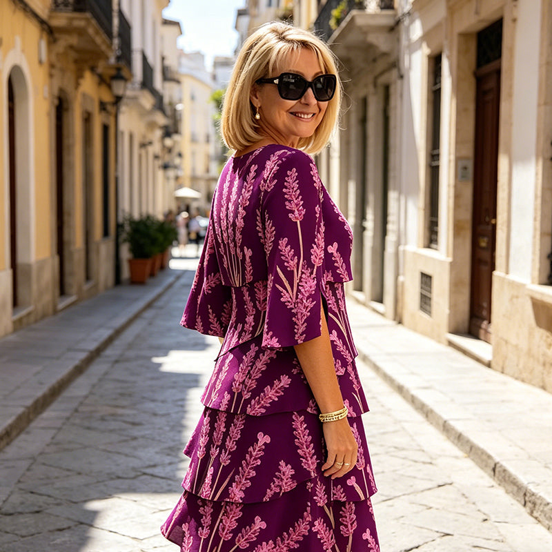 Elyvane - Women's Midi Floral Print Ruffled Slit Sleeve Dress