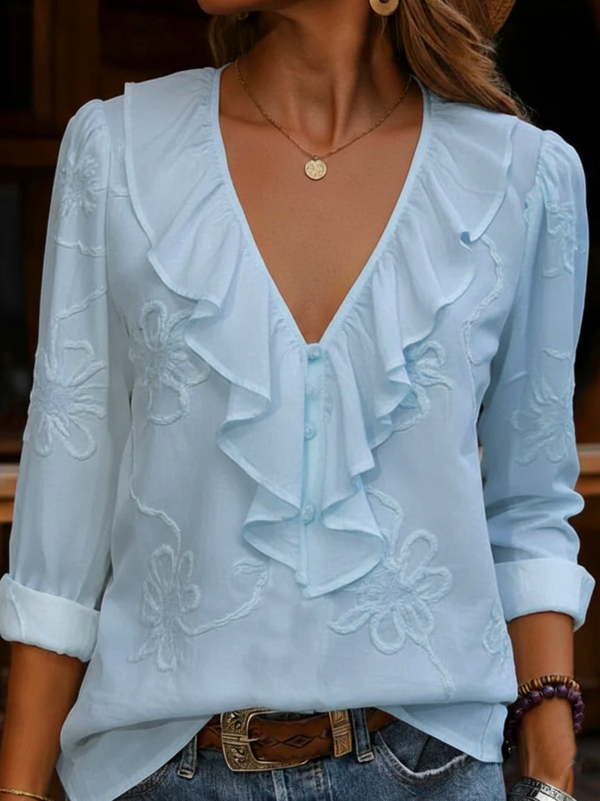 Myrella - Vintage Ruffled and Floral Embroidered Blouse