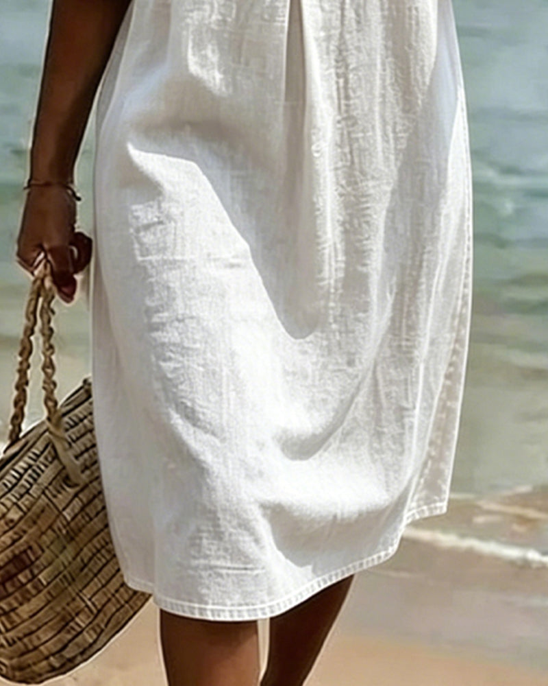 Fynorae - Women's denim dress with ruffled sleeves, flowy cut, for summer beach