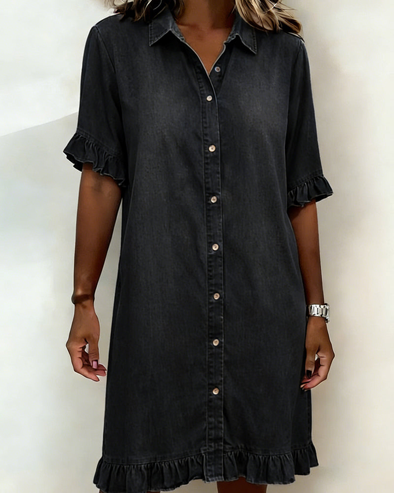 Glytha - Women's Denim Buttoned Dress with Ruffle Sleeves, Straight Casual Cut