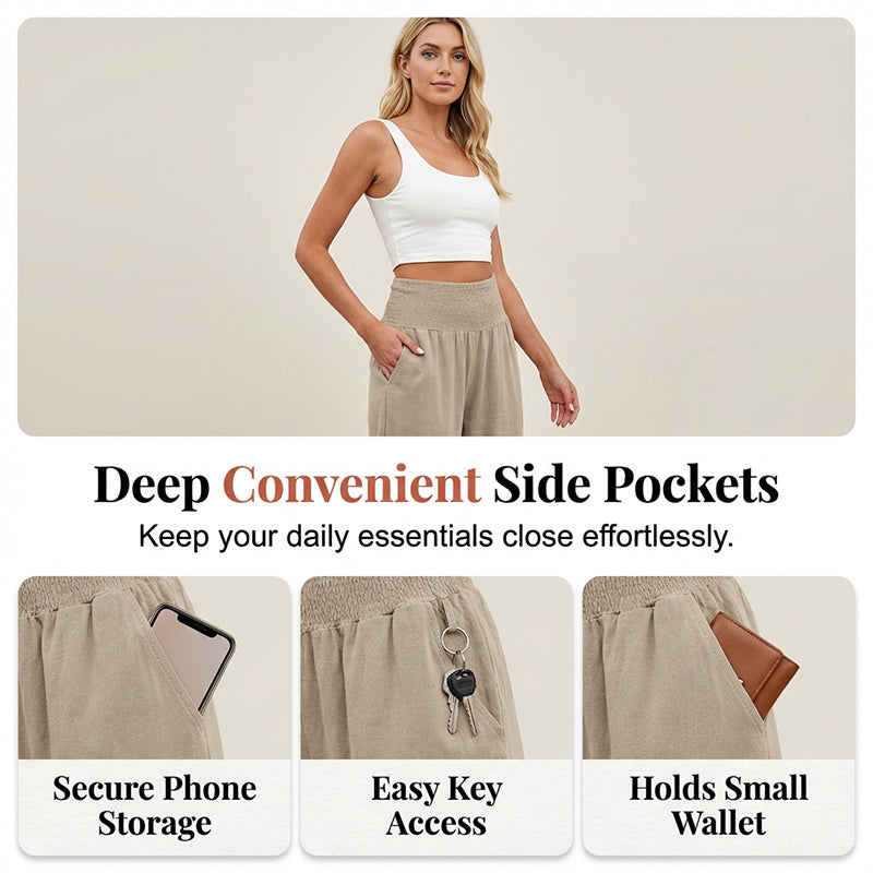 Dorexa - Women's High-Waisted Smocked Wide Leg Boho Cotton Linen Trousers