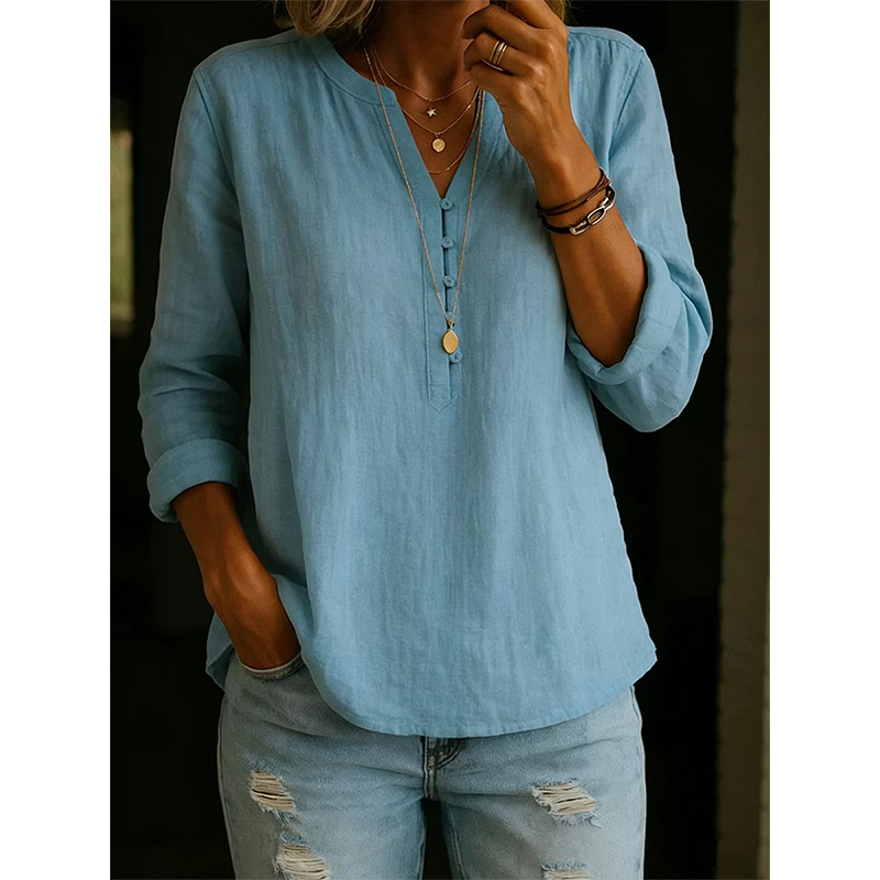 Vaelis - Women's Relaxed Fit V-Neck Shirt with Buttons