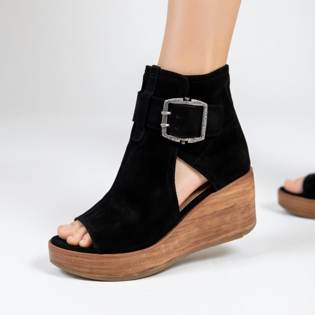 Kalyne - Women's suede open-toe wedge sandals with ankle buckle