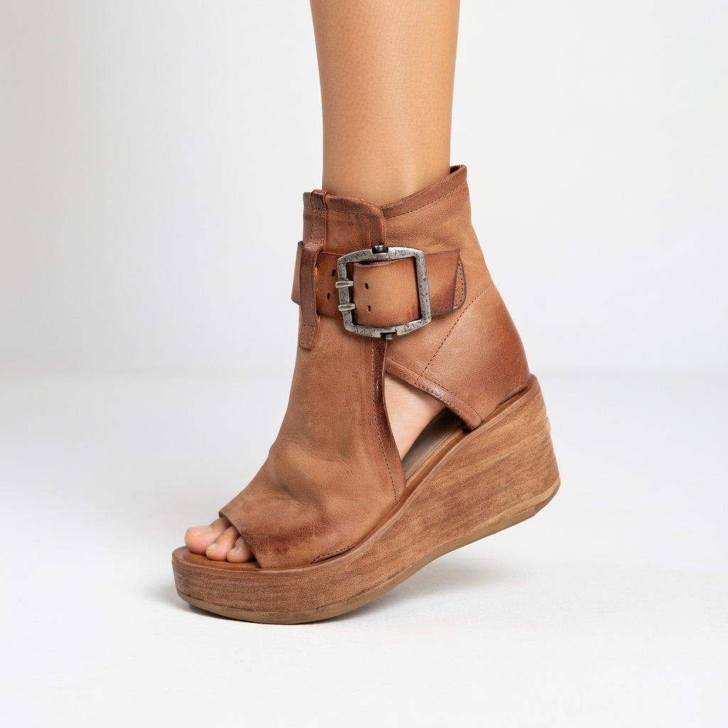 Kalyne - Women's suede open-toe wedge sandals with ankle buckle