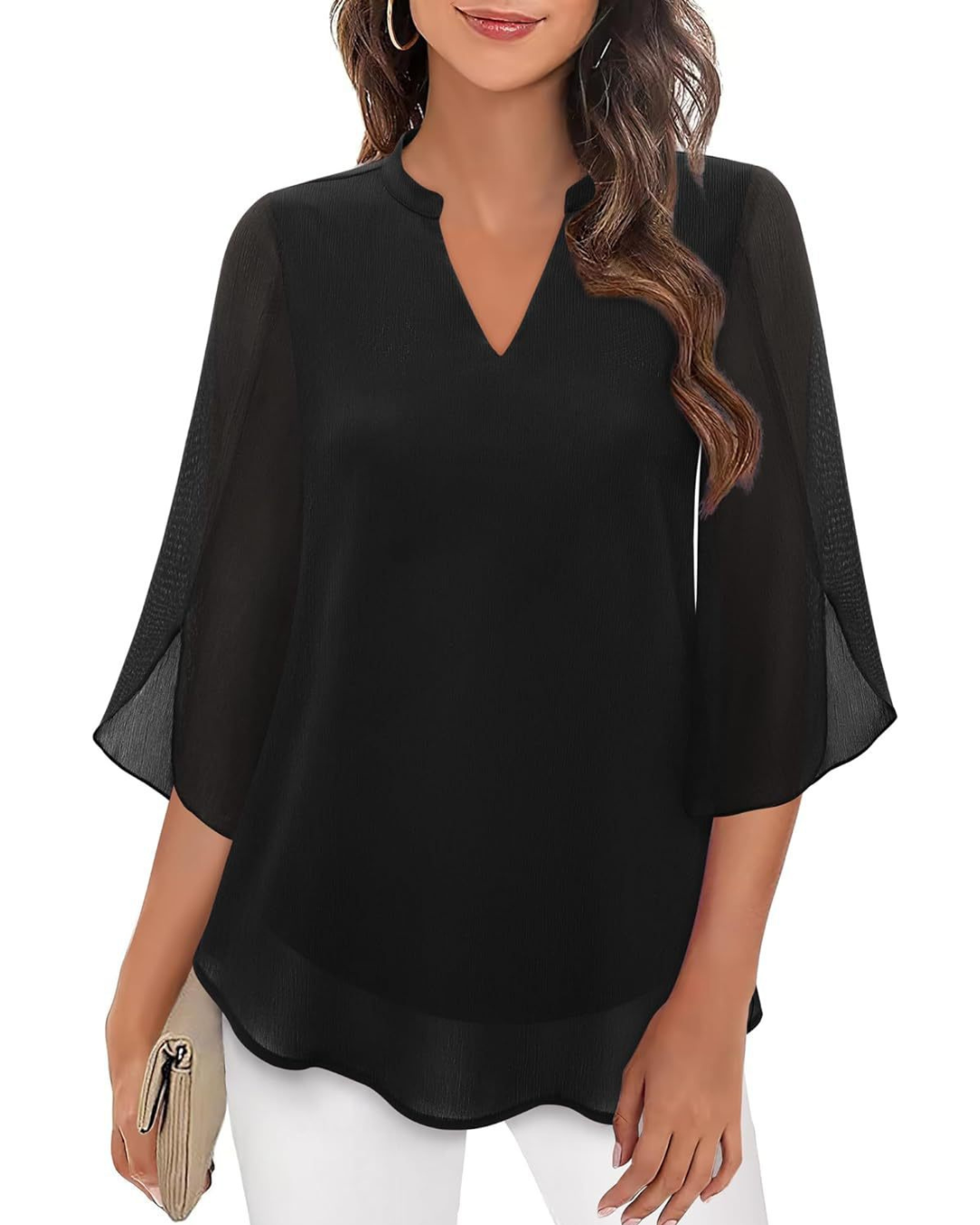 Ozyra - Elegant V-Neck Chiffon Flowy Blouse
