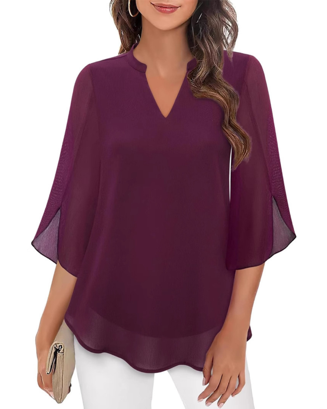 Ozyra - Elegant V-Neck Chiffon Flowy Blouse