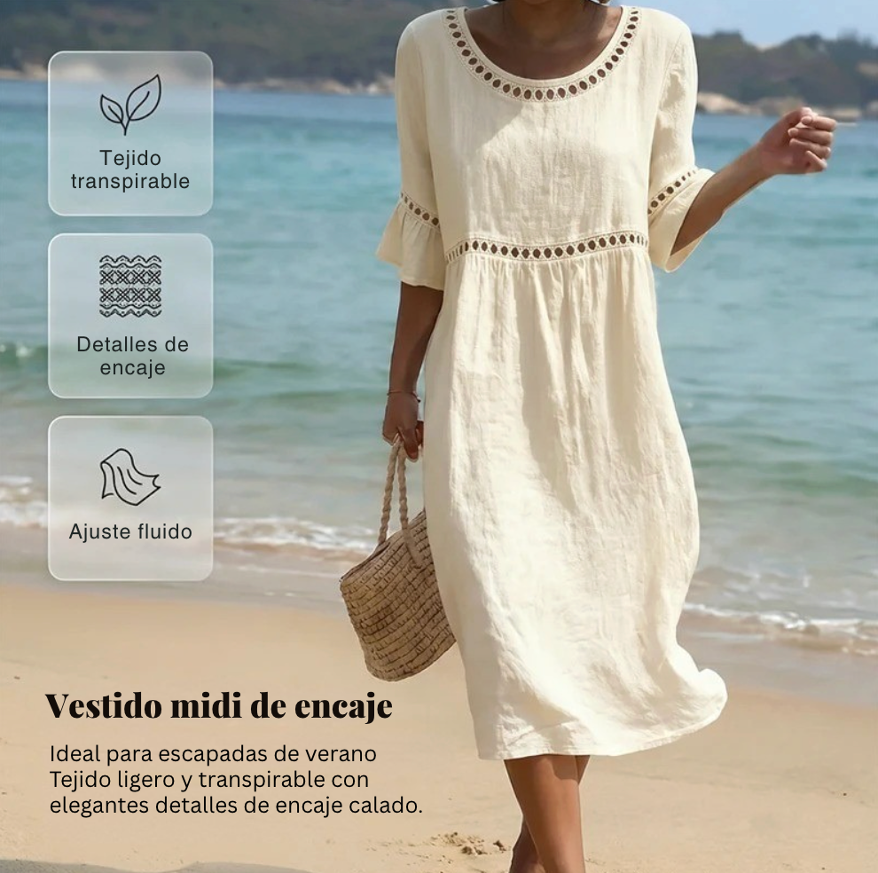Pryline - Women's mid-length linen dress with a round neckline, openwork lace, and ruffled sleeves