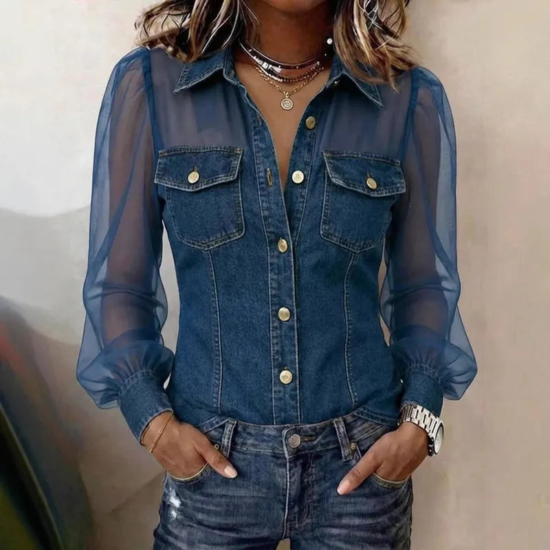 Dagmar - Chemise femme denim avec manches transparentes en mesh
