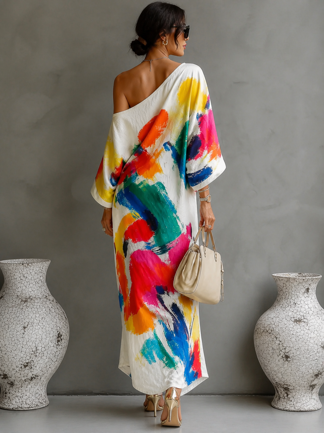 Tirevyn - Women's Artistic Print One-Shoulder Asymmetrical Maxi Dress