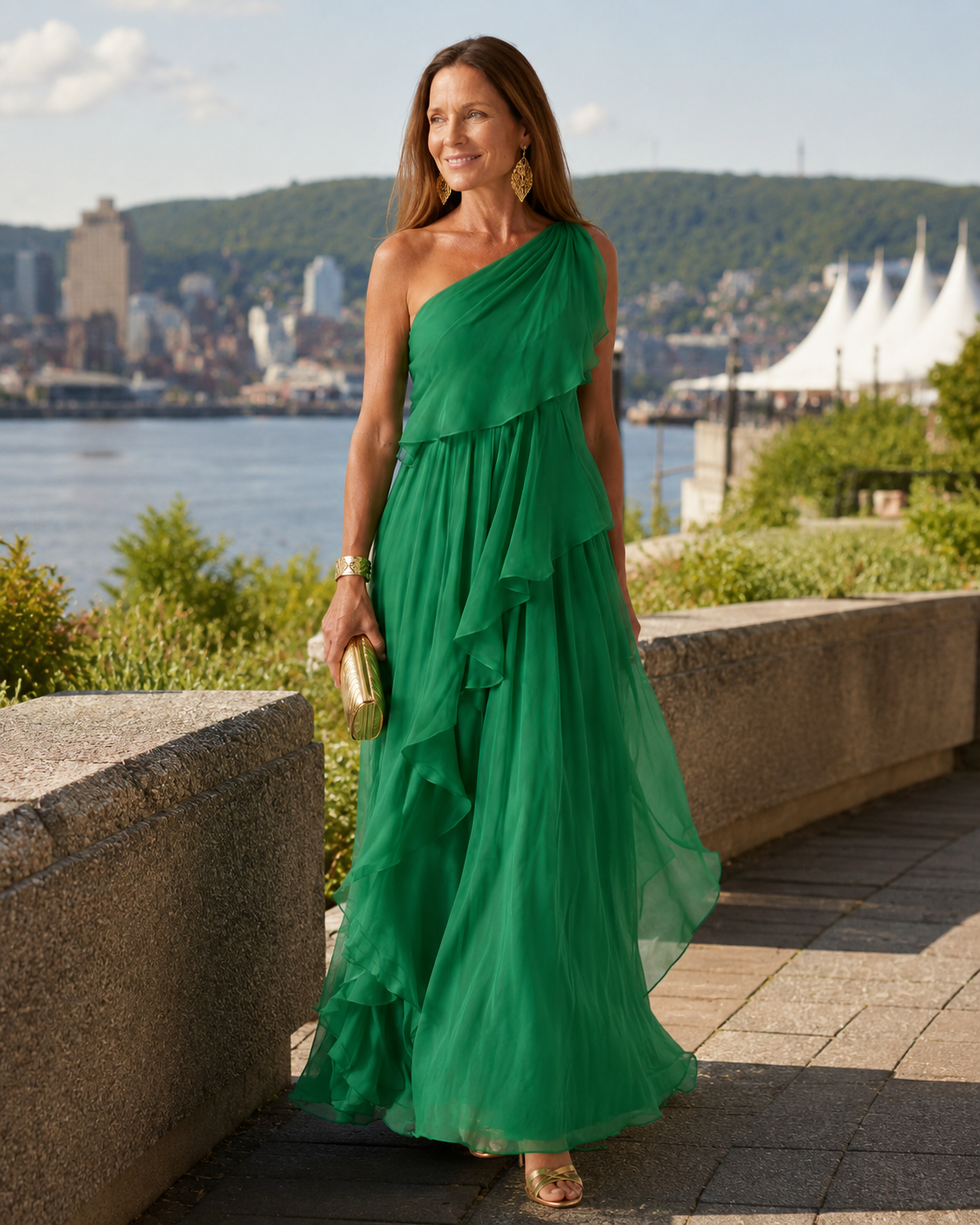 Zeline - Robe maxi verte asymétrique à volants