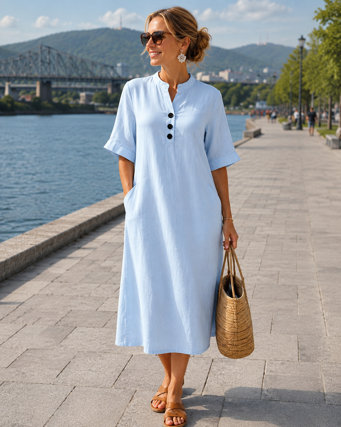 Soreya - Robe midi femme en coton-lin avec boutons