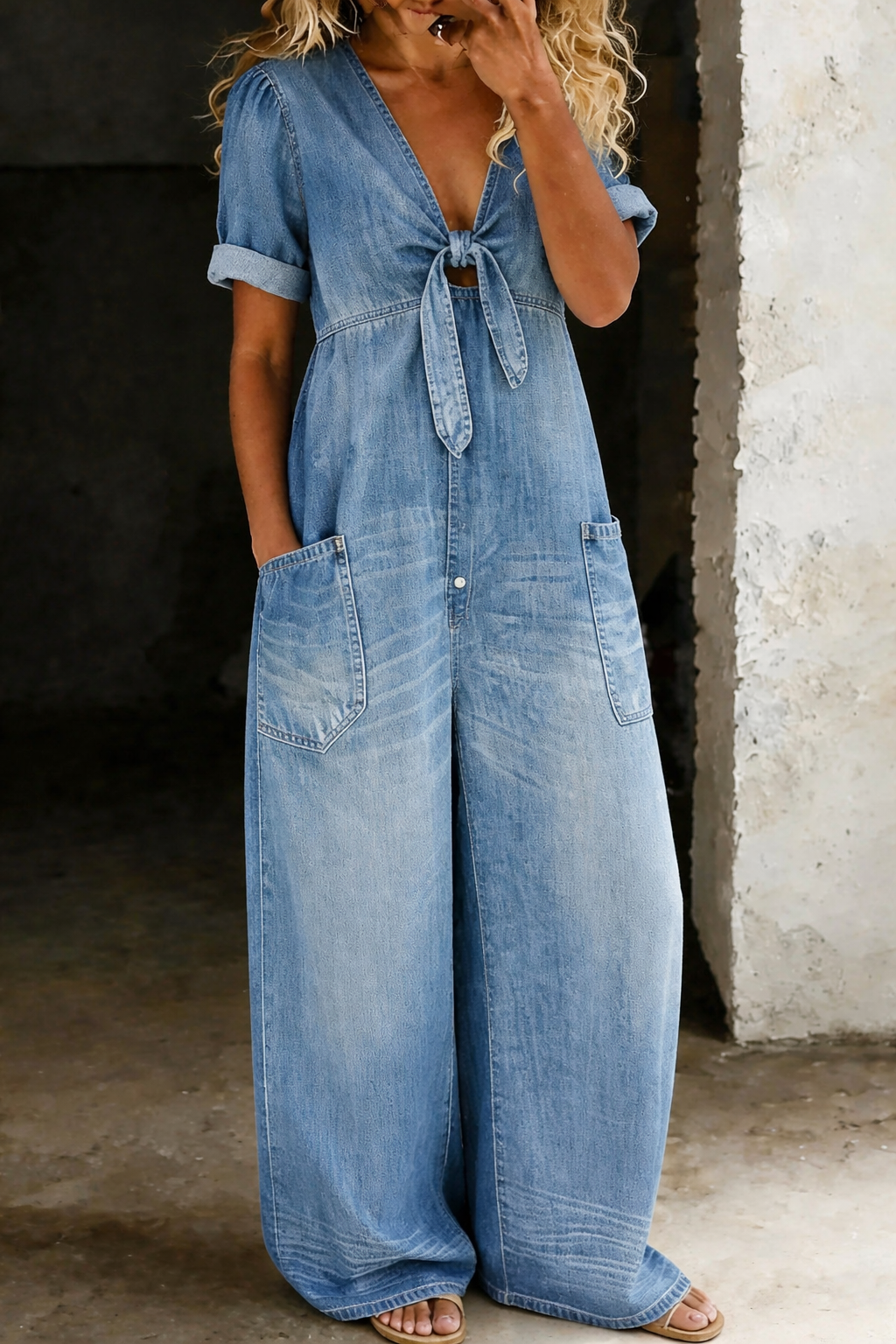 Lioritha - Women's fluid denim wide-leg V-neck jumpsuit