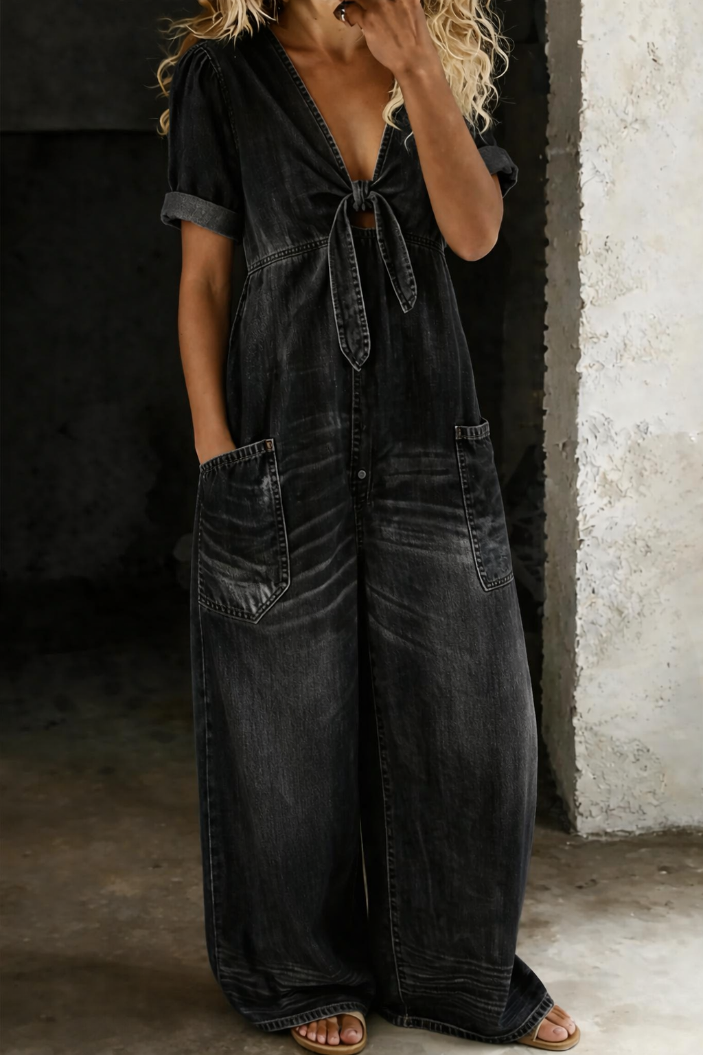 Lioritha - Women's fluid denim wide-leg V-neck jumpsuit