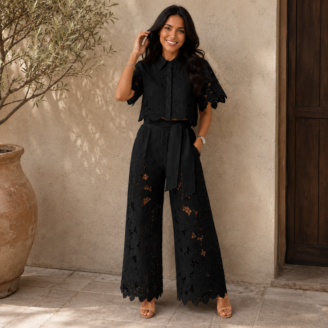Pavryna - Elegant and Flowy Floral Lace Two-Piece Set for Women