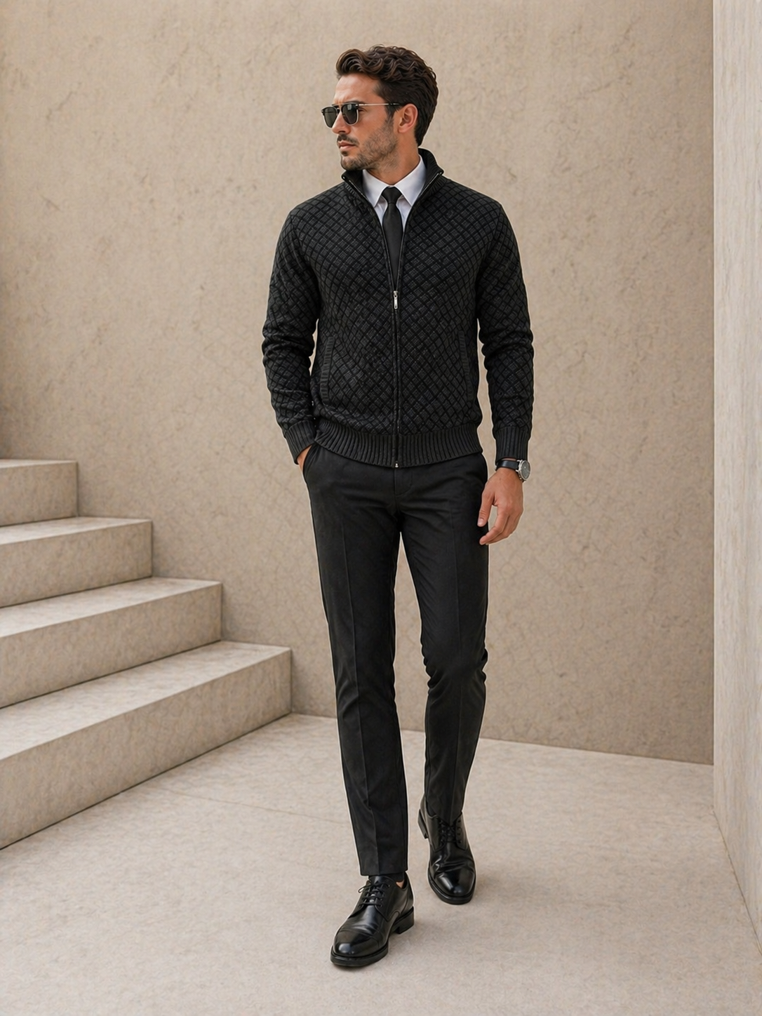 Fabian - Men's zipped stand-up collar cardigan, modern fit jacquard knit