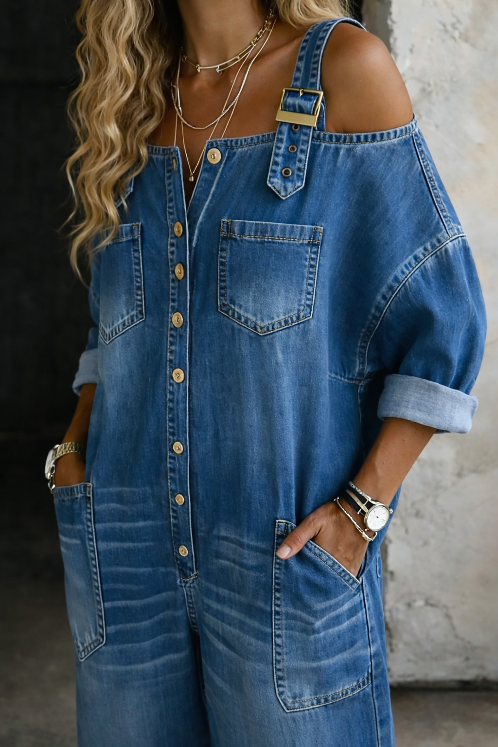 Aurexa - Women's Elegant Loose Fit Off-the-Shoulder Denim Jumpsuit