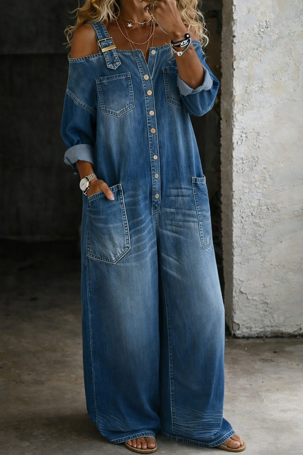 Aurexa - Women's Elegant Loose Fit Off-the-Shoulder Denim Jumpsuit