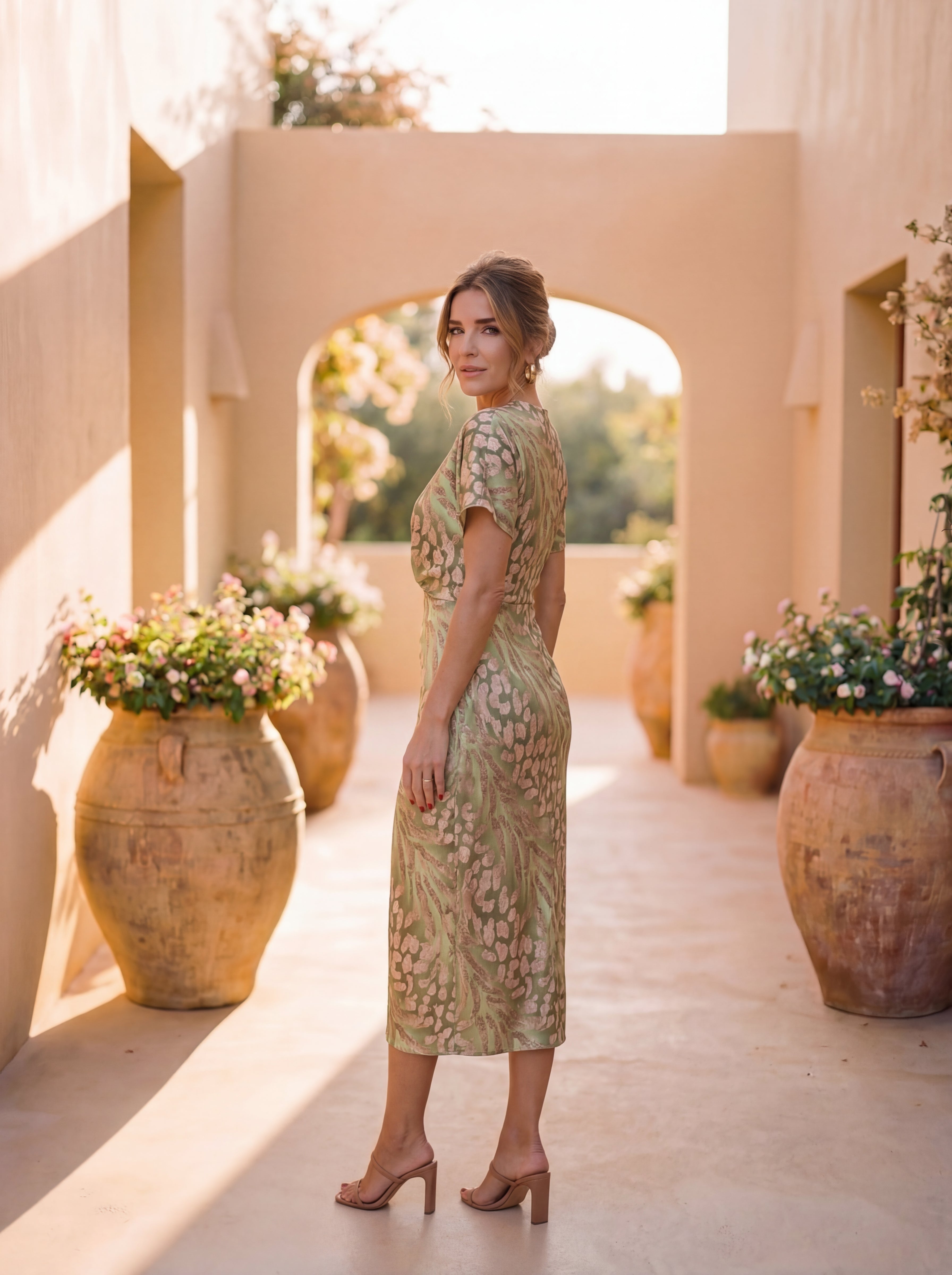 Rovella - Women's Draped Midi Dress with Elegant Sophisticated Knot Style
