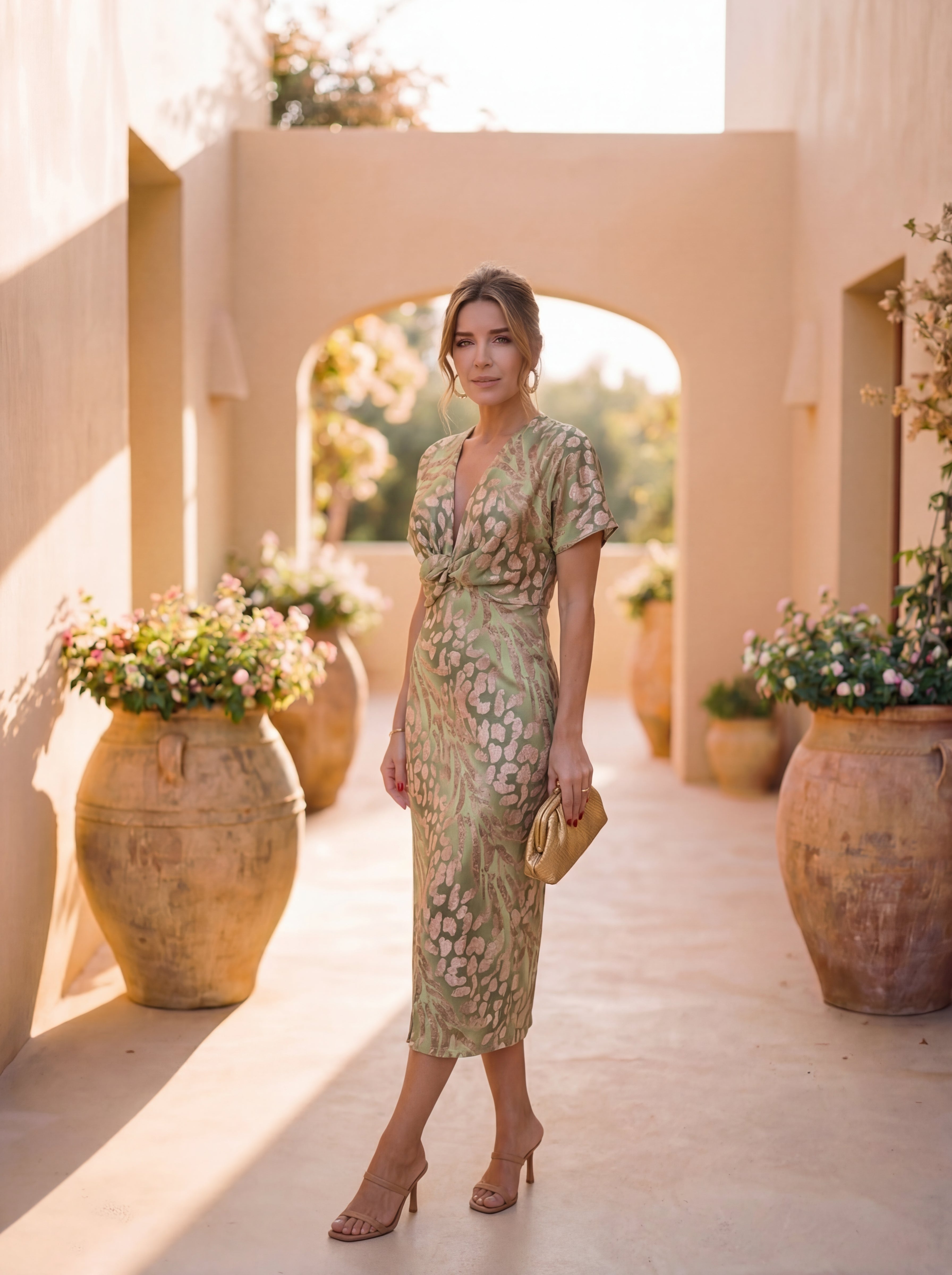 Rovella - Women's Draped Midi Dress with Elegant Sophisticated Knot Style