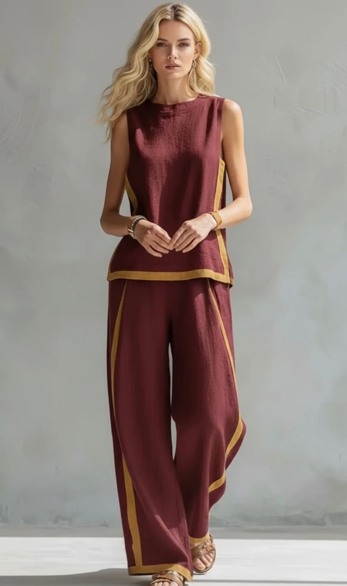 Tavindra - Elegant Cotton Linen Women's Set – Sleeveless Top & Wide-Leg Pants