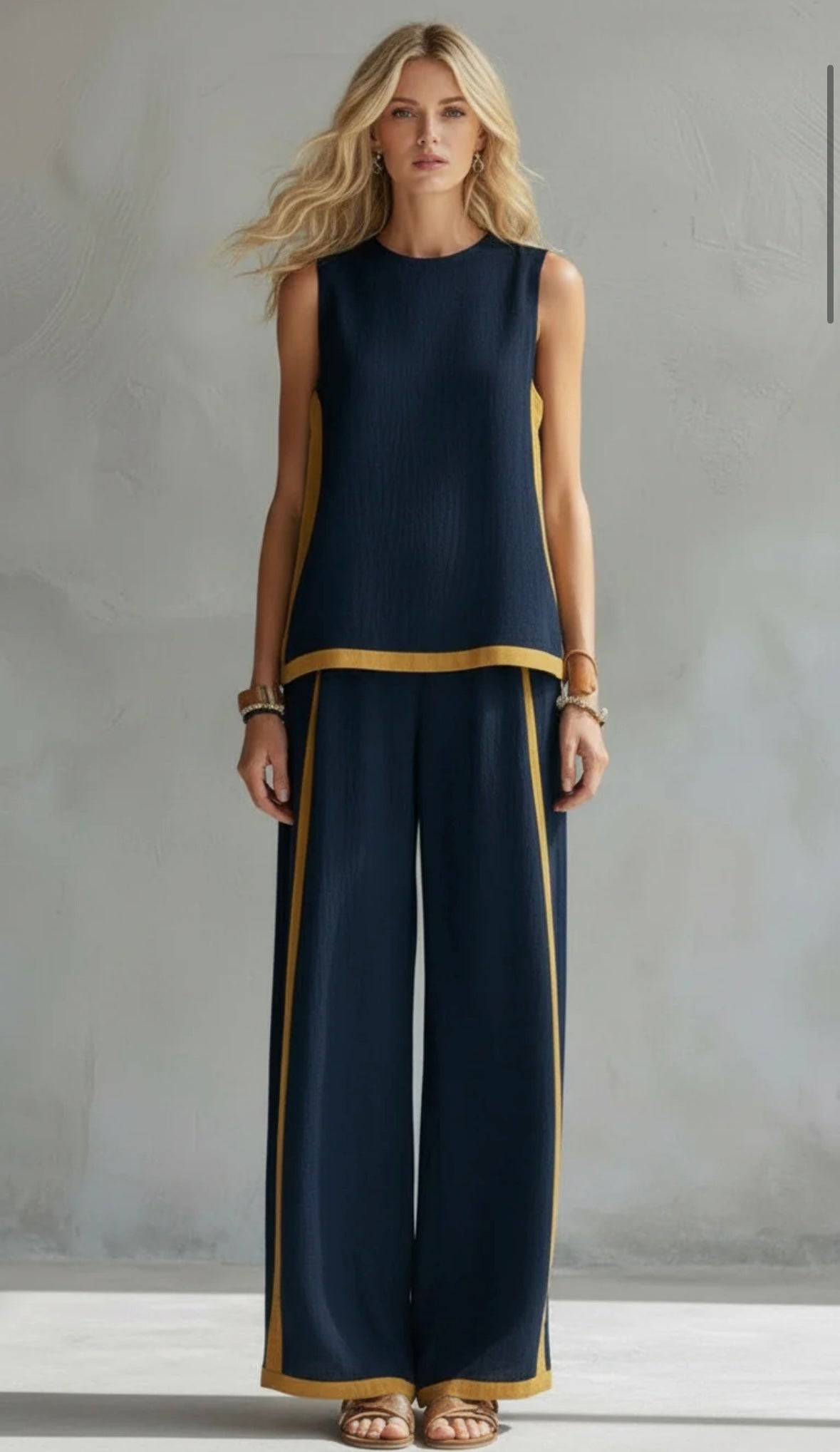 Tavindra - Elegant Cotton Linen Women's Set – Sleeveless Top & Wide-Leg Pants